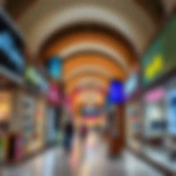 Interior shopping area with various retail stores