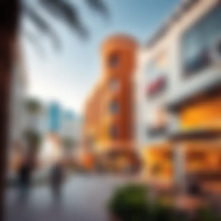 Vibrant commercial area in Art 9 Silicon Oasis with shops and restaurants bustling with activity