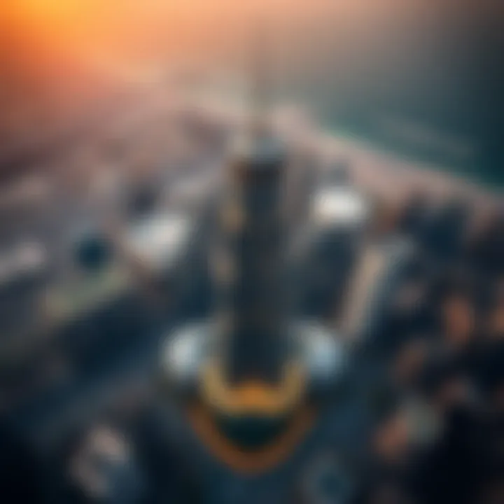 Aerial view of Burj Khalifa surrounded by cityscape