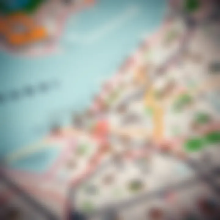 A strategic map indicating various neighborhoods in Dubai known for budget homes