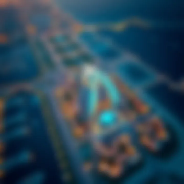 Aerial view of Dubai highlighting the location of Jannah Hotel