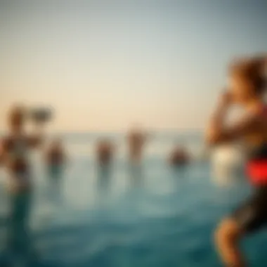 Tranquil coastal view with fitness enthusiasts engaging in activities