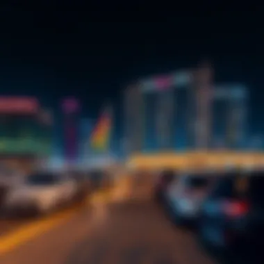 Night view of Marina Wharf illuminated, reflecting Dubai's vibrant nightlife