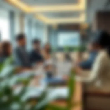 A diverse group discussing finance in a contemporary office