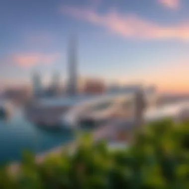 Panoramic view of Dubai skyline with Quayside Ellington in focus