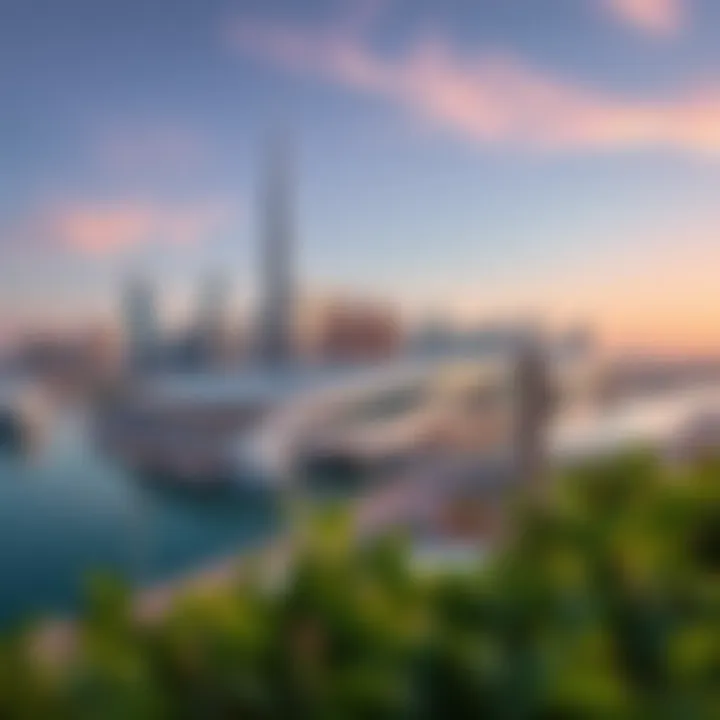 Panoramic view of Dubai skyline with Quayside Ellington in focus
