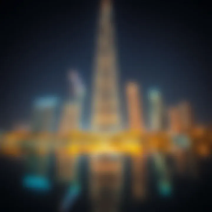 Night view of the Reflection Tower illuminating the Dubai skyline