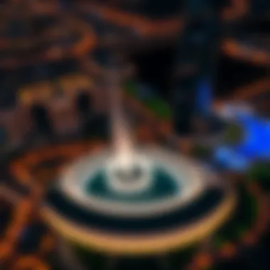 Aerial View of Dubai Fountain at Night Stunning aerial view of the Dubai Fountain at night
